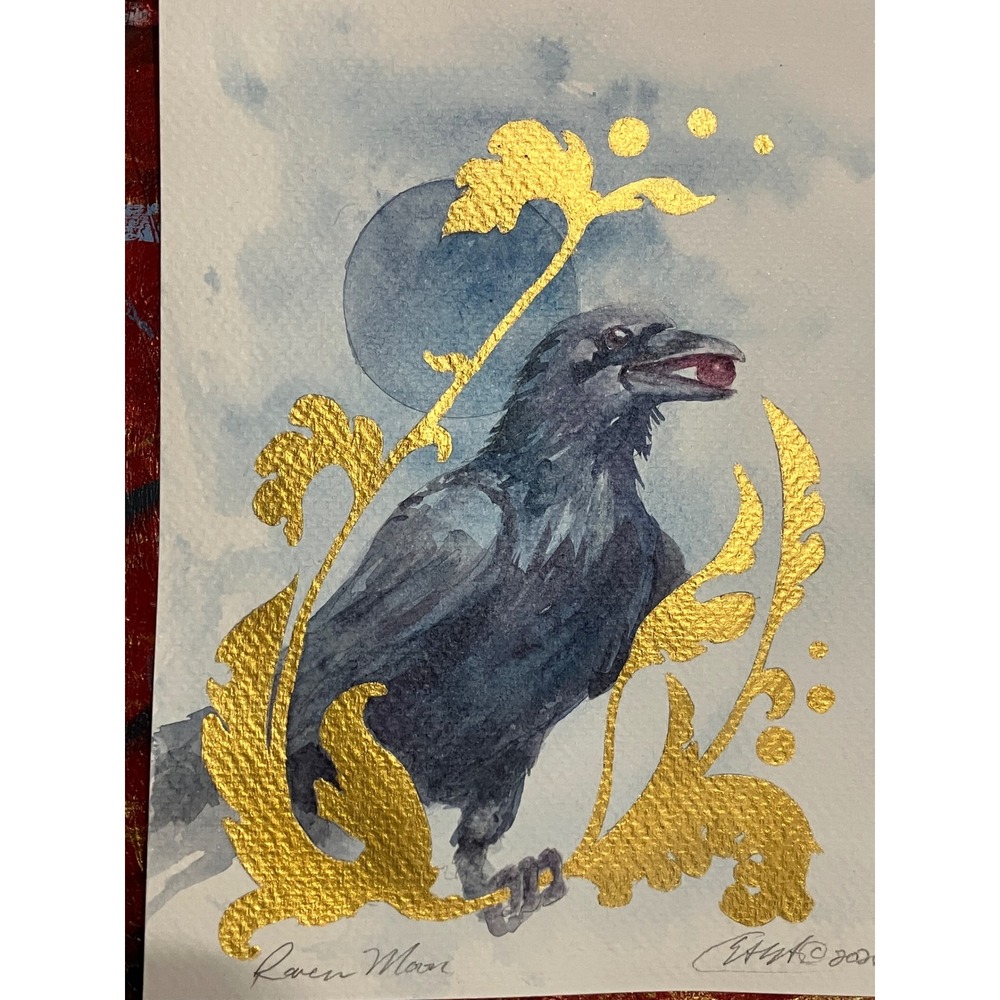 Raven Moon Original painting crow Gold accents surrealism Signed artettina USA